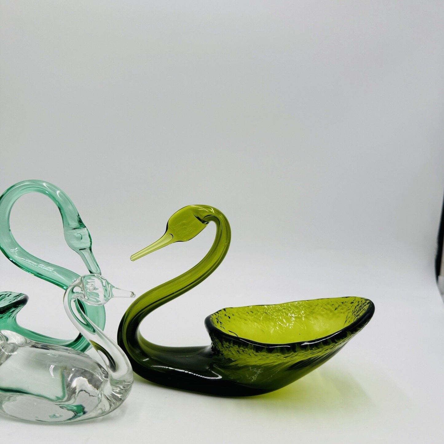 Viking Swan Figurines Art Glass Green Avocado Clear Vintage MCM Set 3 Pieces