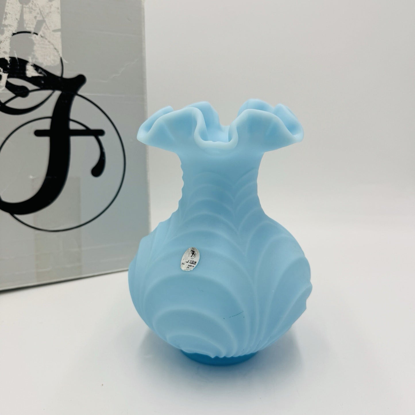 Fenton Draped Blue Satin Glass Vase Vintage Art Glass Ruffled Edge Drapery 8in