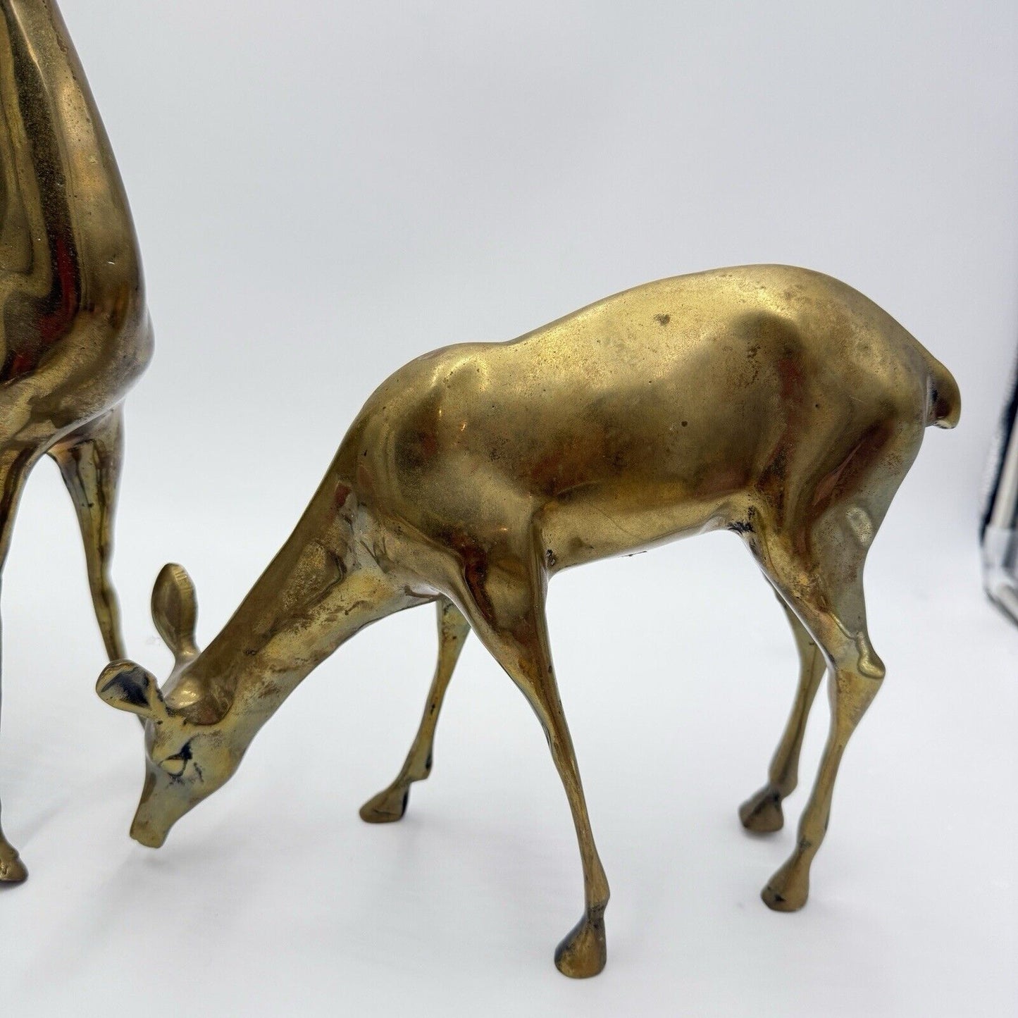 VINTAGE BRASS DEER Pair LARGE 13” Buck 9” DOE Mid Century Solid Retro Sculptures