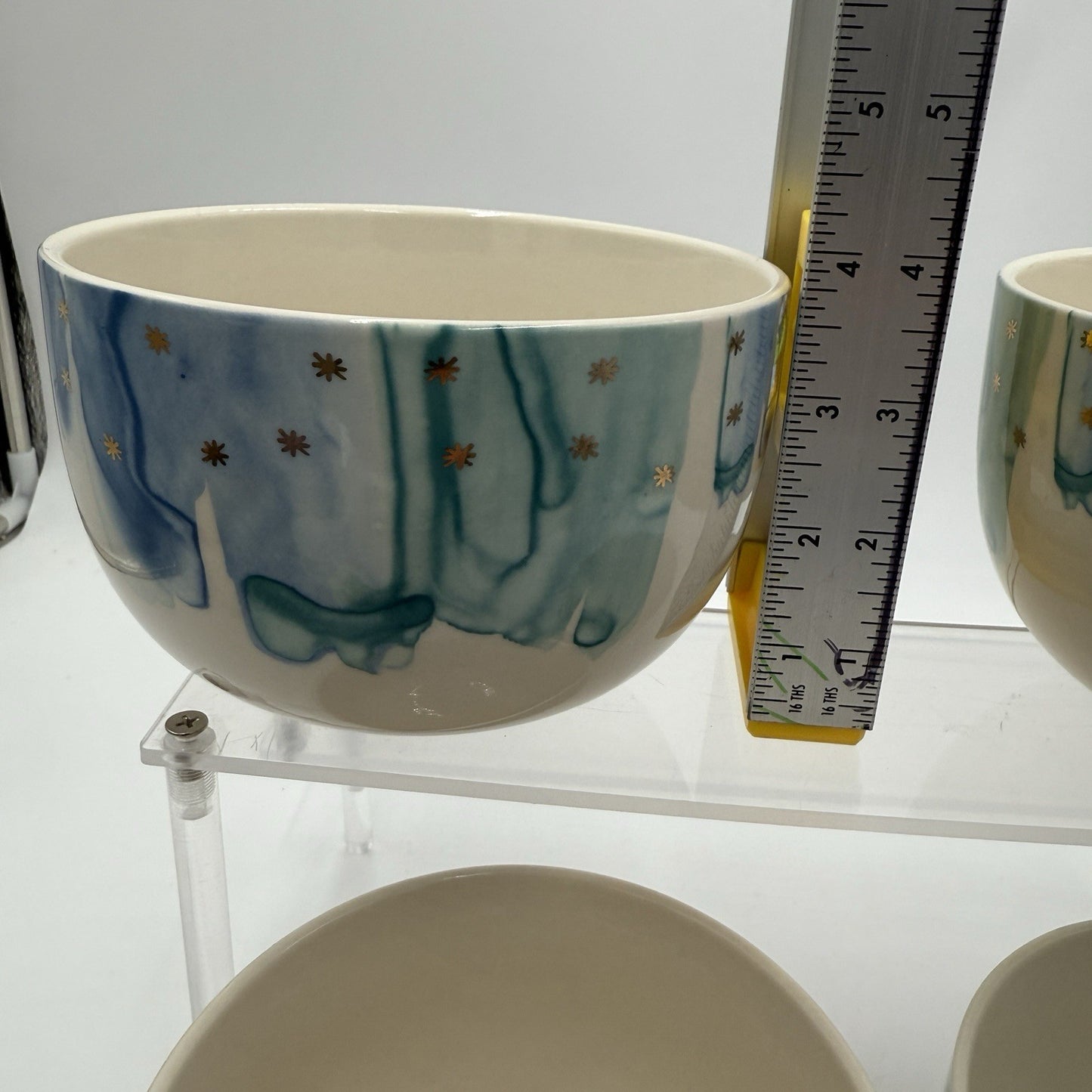 Anthropologie Night Sky Bowl Stoneware Blue Teal Drip Watercolor Gold Star Set 4