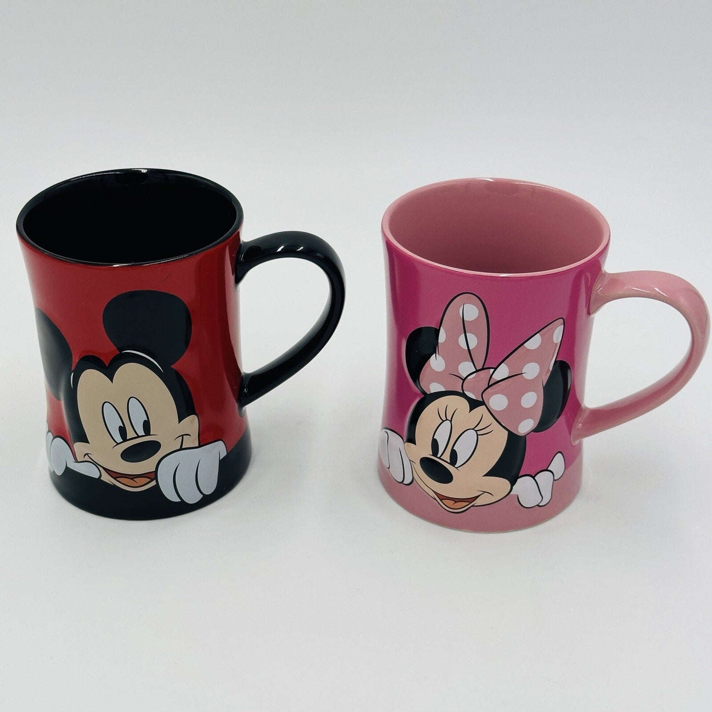 Disney Store Mugs Embossed Mickey And Minnie Mouse Pink And Red Coffee Set 2 USA