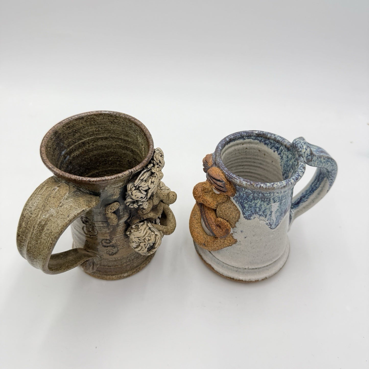Pair Ugly Face Studio Art Pottery Drip 5” Blue Gray Coffee Mug Stoneware Handmad