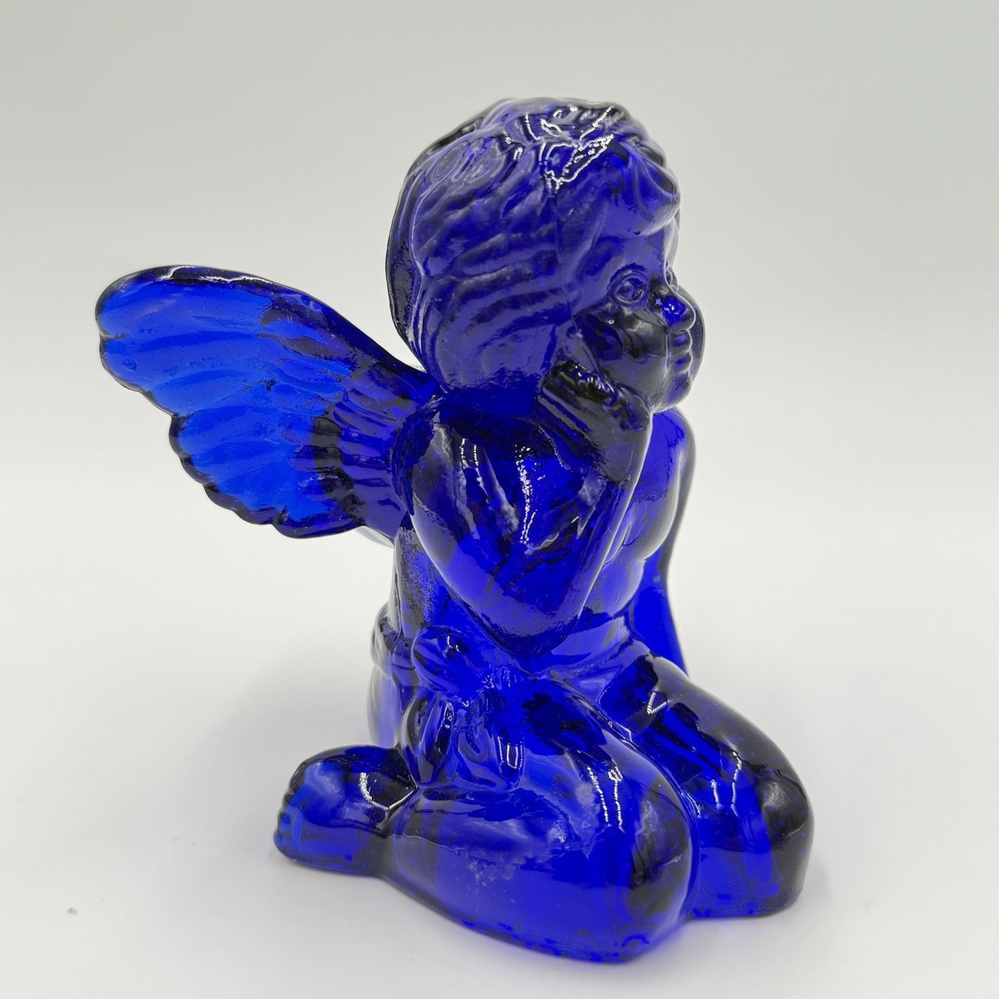 Vintage Art Glass Cherub Blue Cobalt Sitting Angel Candle Holder 5”