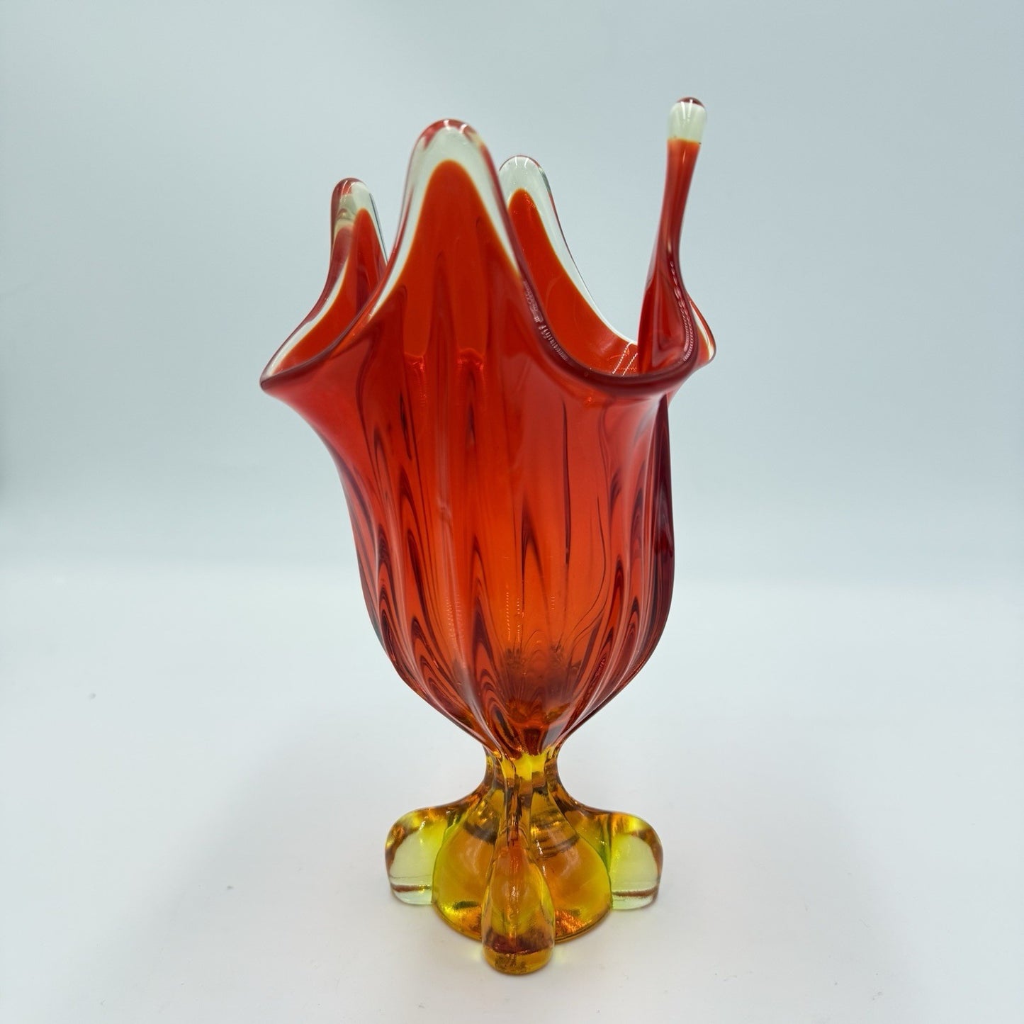 Viking art Glass EPIC Four Square Footed Swung Vase Persimmon Cadmium UV Glow