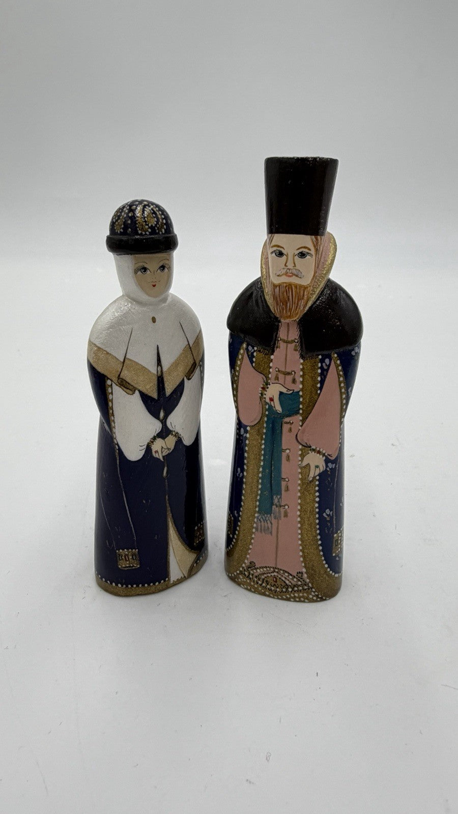 Vintage Folk Art Wood Carved Russian King & Queen Hand Painted Signed Figurines