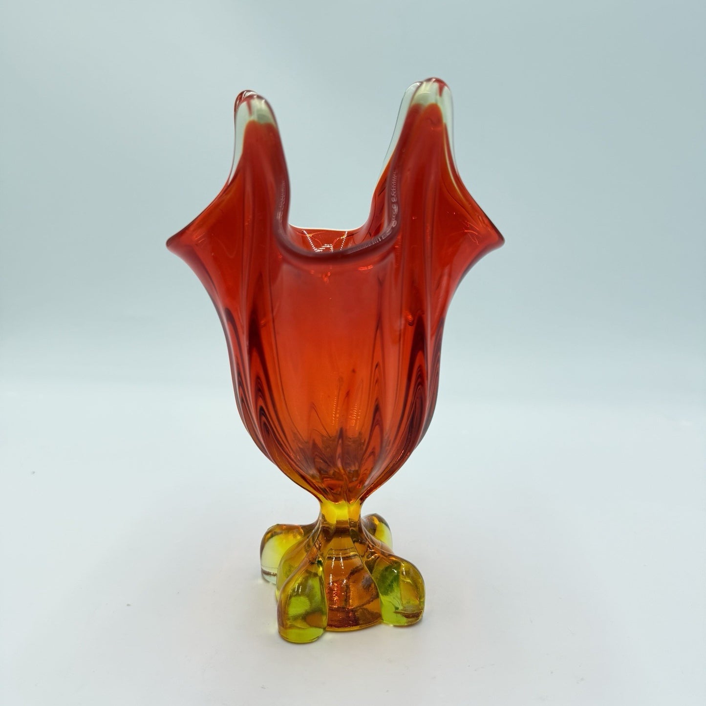 Viking art Glass EPIC Four Square Footed Swung Vase Persimmon Cadmium UV Glow