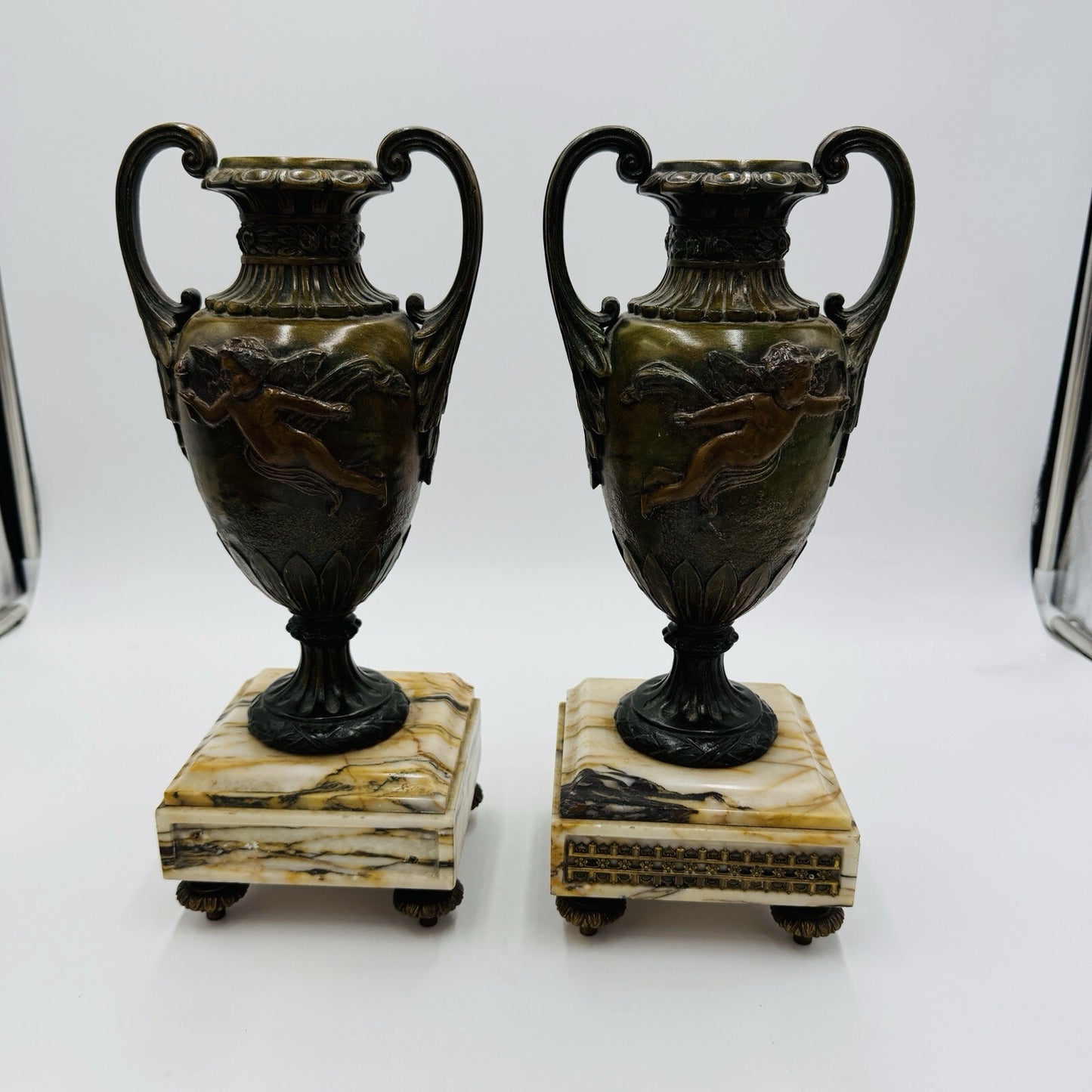 French metal vases rare 1800s Chateau ornate chimney cherubs marble base 13.5in