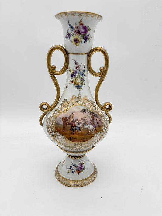Antique Meissen Porcelain Amphora Double Handle Painted Horses Battle Vase 12”H