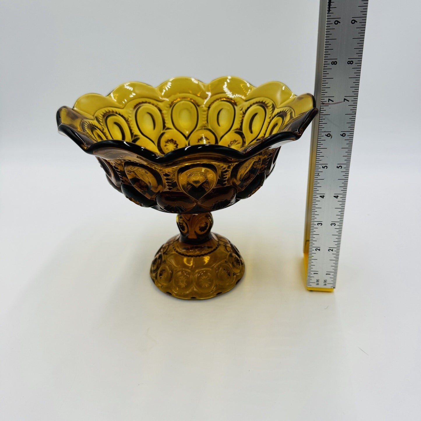 L.E. Smith Moon & Stars Amber Art Glass Pedestal Candy Bowl Dish 7in x 8in