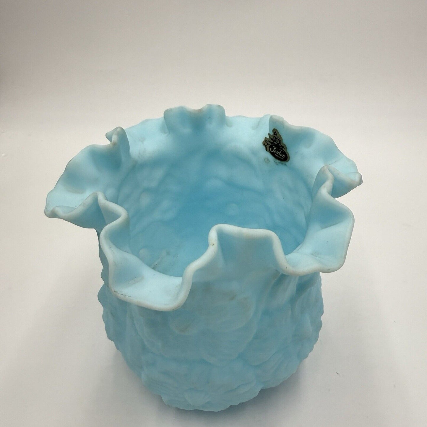 Vtg Fenton Blue Satin Glass Vase Ruffled Edge Poppy/Daisy Large 6" H x 6 1/2" W