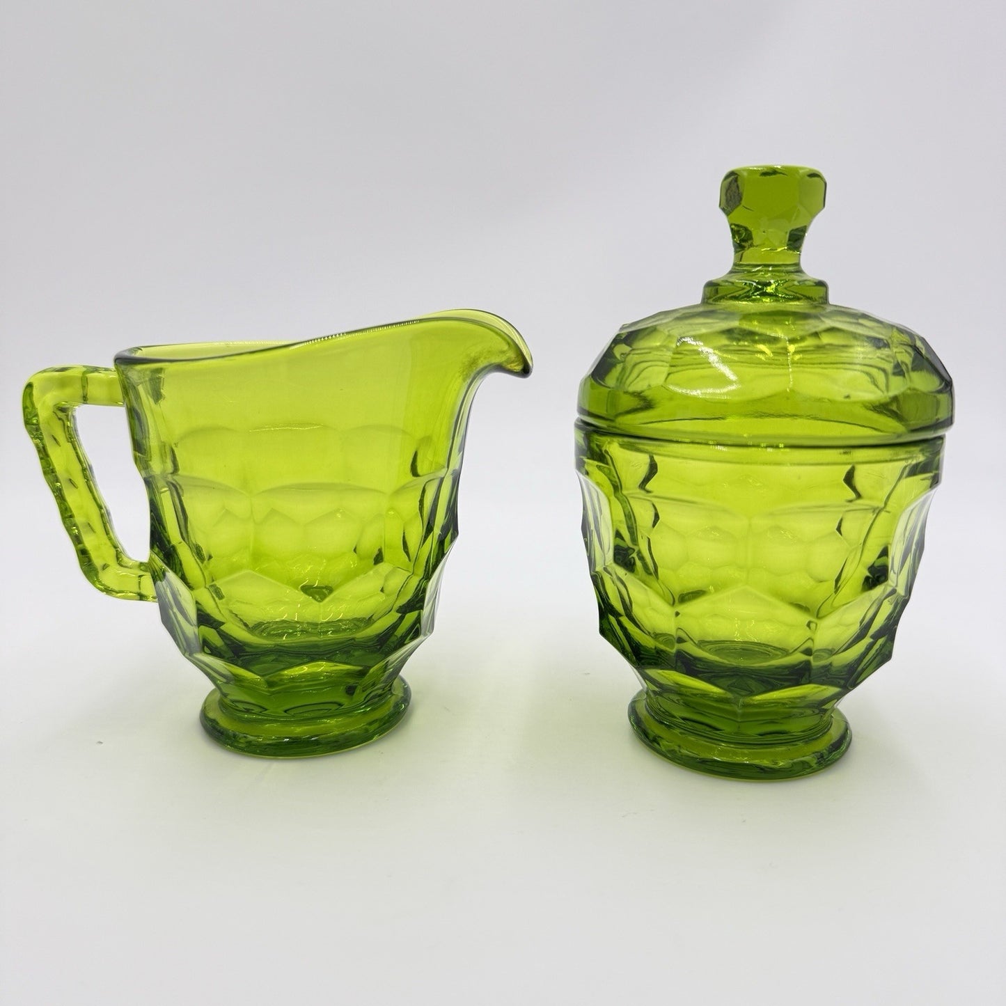 MCM Viking Art Glass GREEN GEORGIAN New Martinsville Cream and Sugar Set