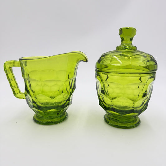 MCM Viking Art Glass GREEN GEORGIAN New Martinsville Cream and Sugar Set