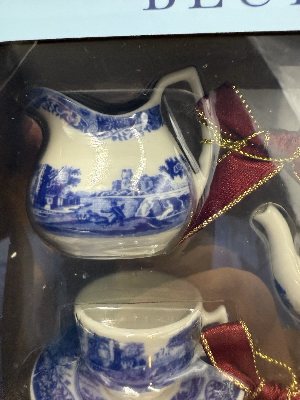Spode Blue Italian English Tea Set Christmas Ornaments NIB Porcelain Miniature