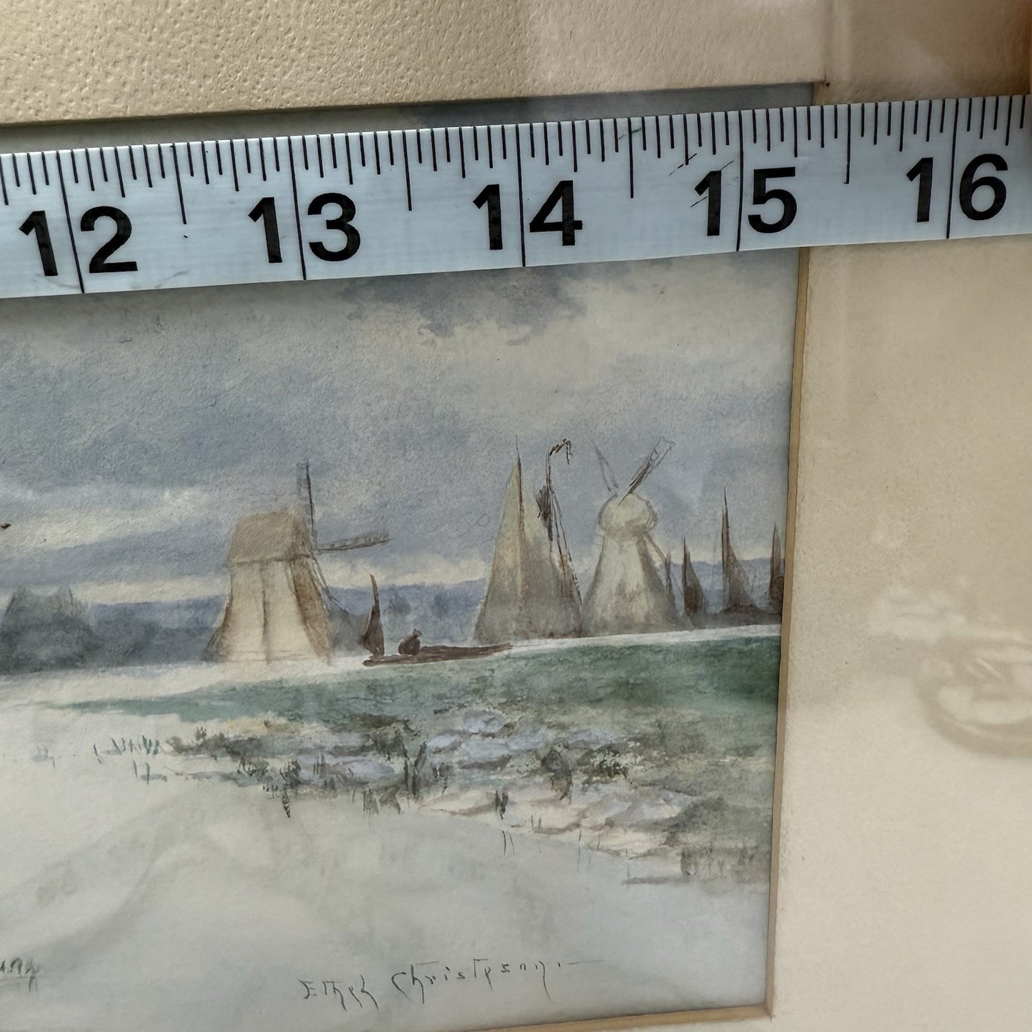 Dutch Scene Windmill & Boats Watercolor Painting signed Ethel Christpson Origin