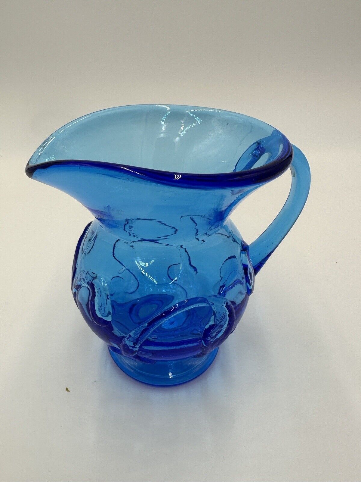 Electric Blue Pitcher Art Glass Hand Blown Floral Pressed Handled Decor Vintage