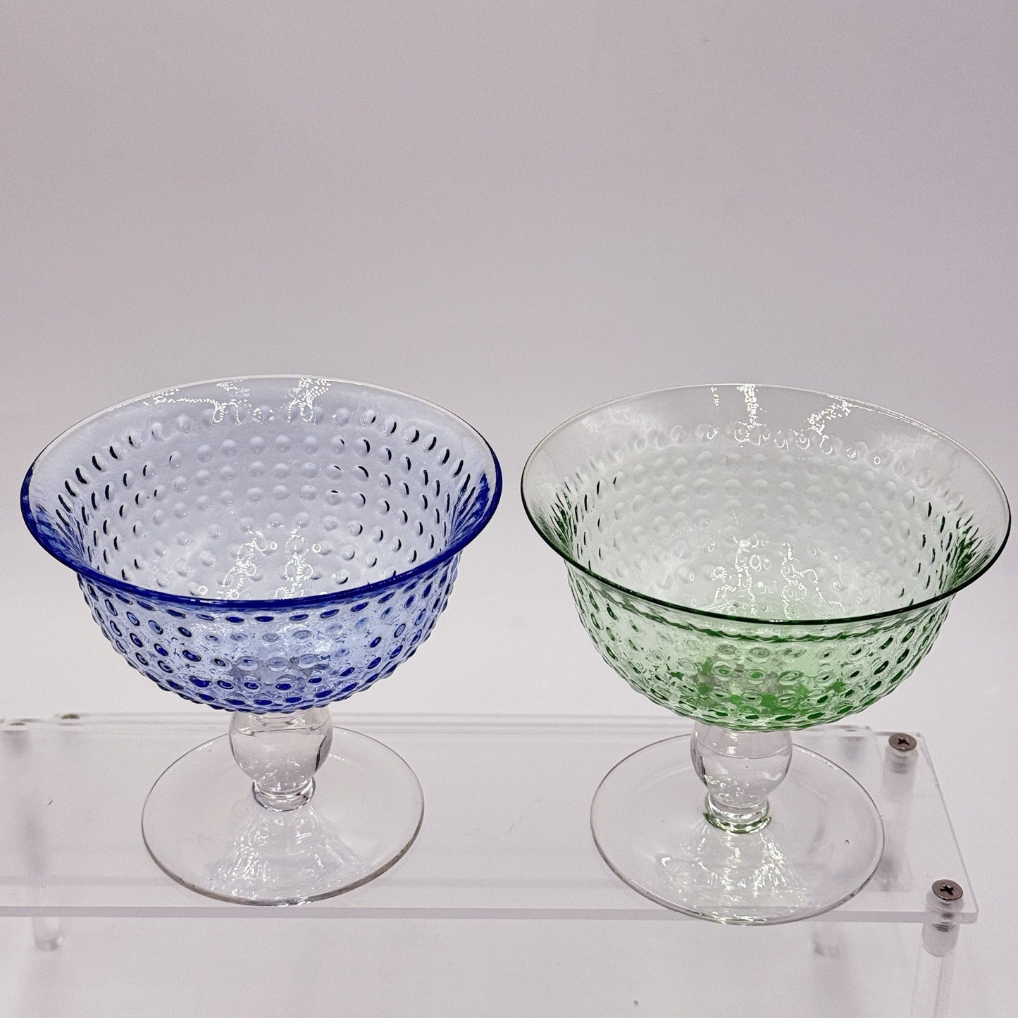 Vintage Hobnail Art Glass Blue Green Dessert Sherbet/Glasses Pair