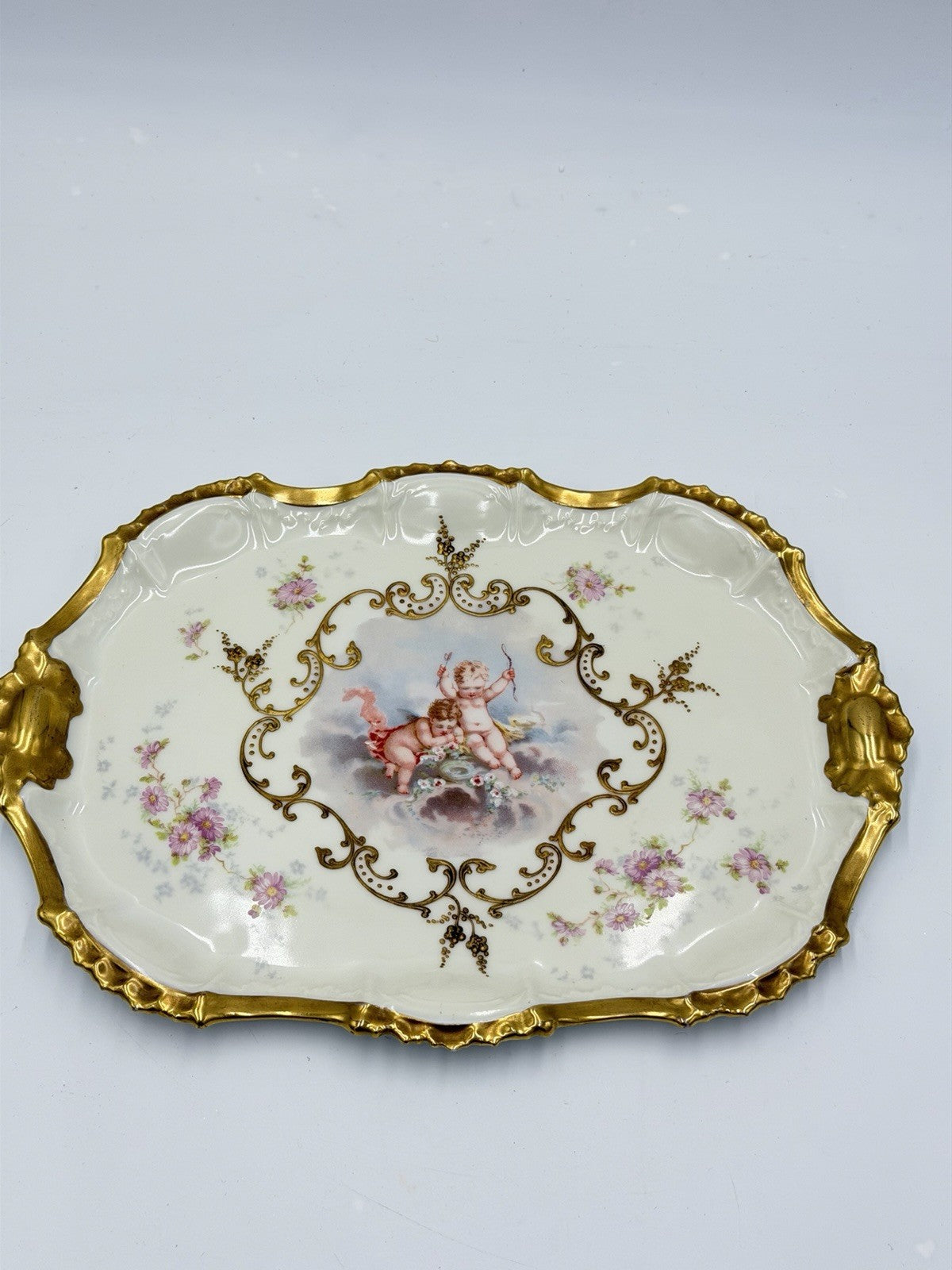Antique AK Limoges France Cupid Cherubs Gilded Large Rectangle Platter Porcelain