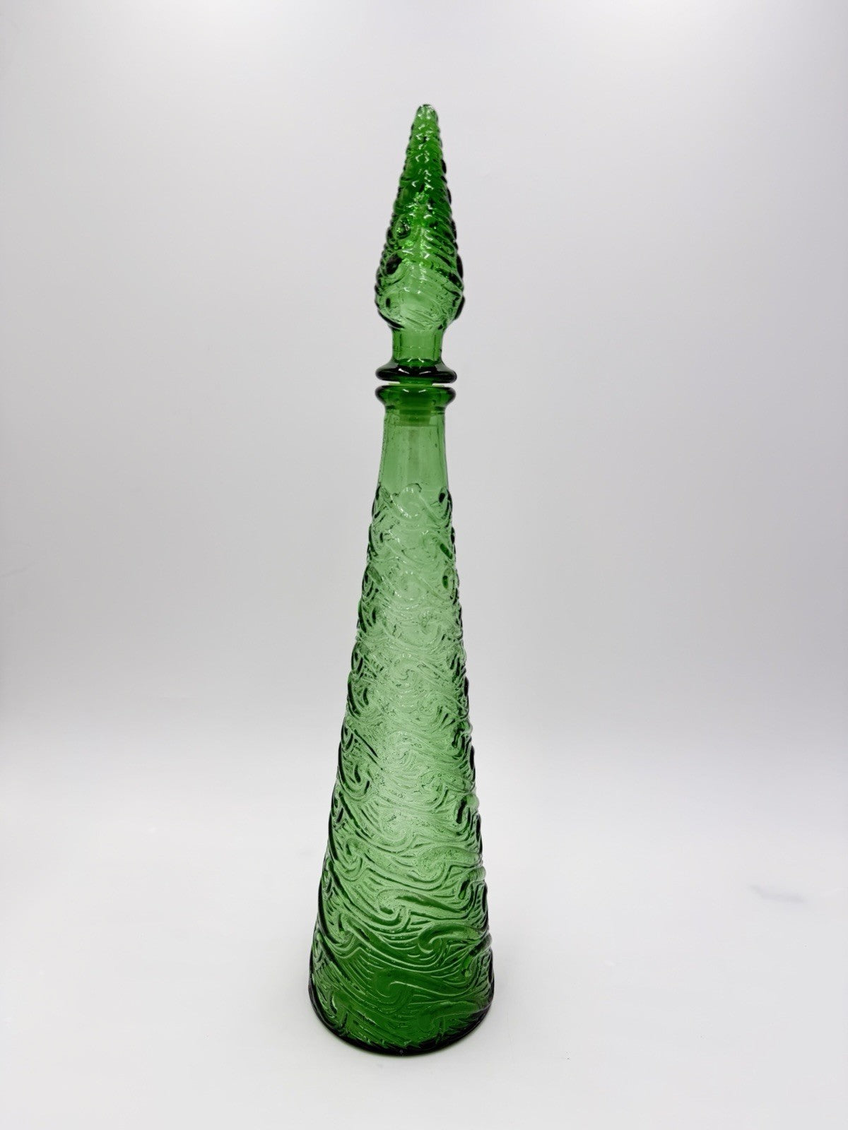 MCM Empoli Art Glass Green Wave Genie Bottle Decanter Hobnail Stopper Italy