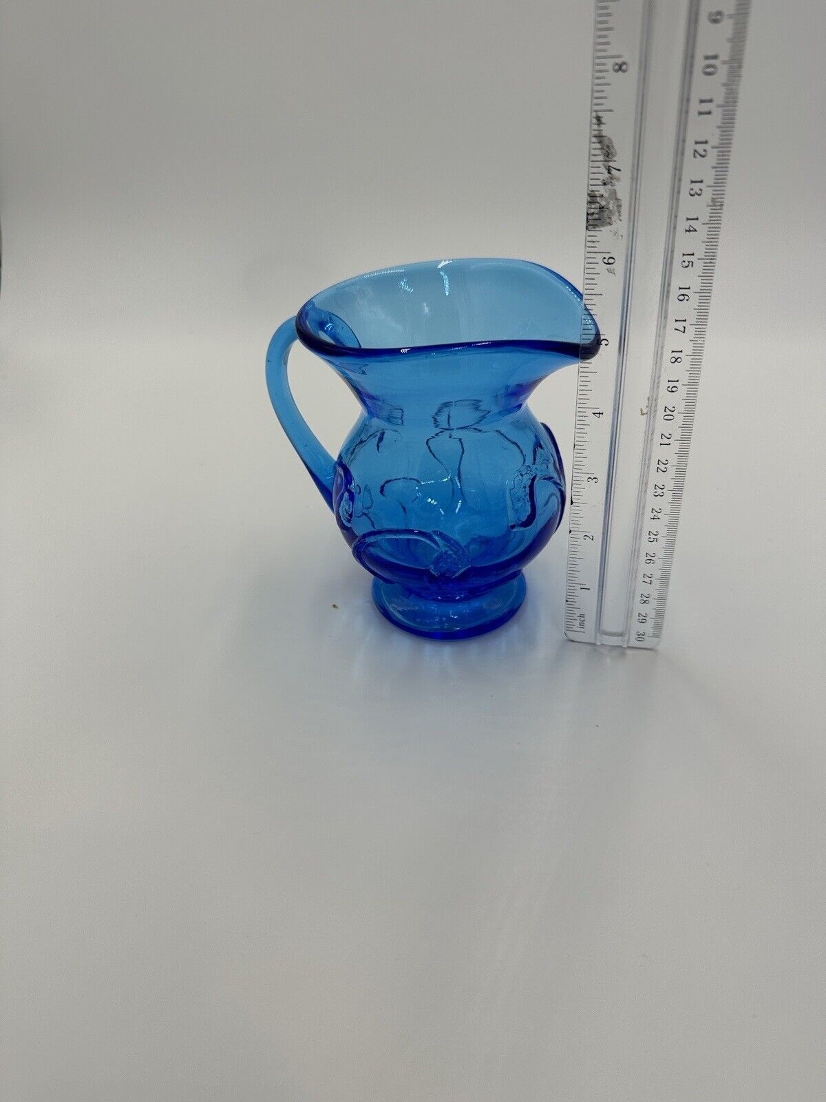 Electric Blue Pitcher Art Glass Hand Blown Floral Pressed Handled Decor Vintage