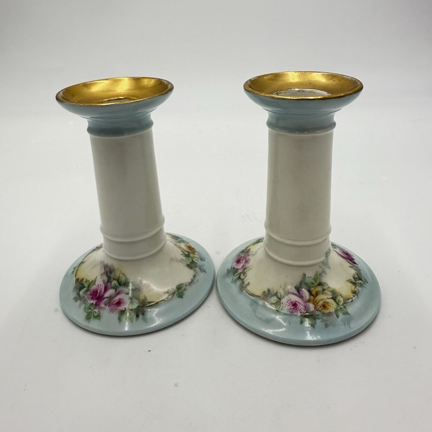 Antique Limoges France W.G. & Co Porcelain Pink Roses Candle Holders Painted