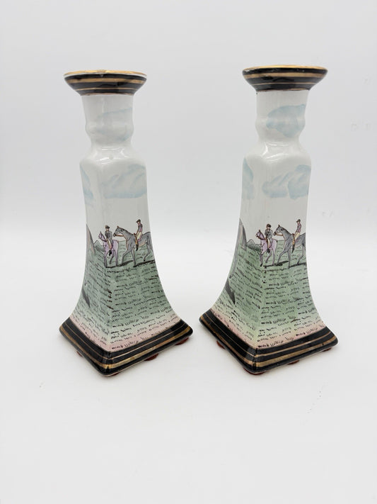 Vintage Chinese Equestrian Hand-Painted Porcelain Candle Holder by Nieman Marcus