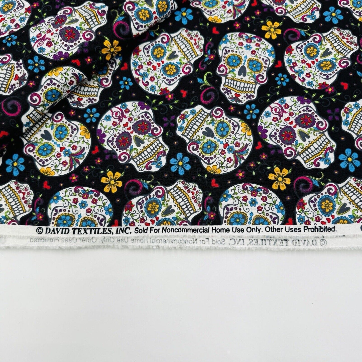 David Textiles Fabric Day of the Dead Skulls Black Colorful Floral 5.25 Yards L