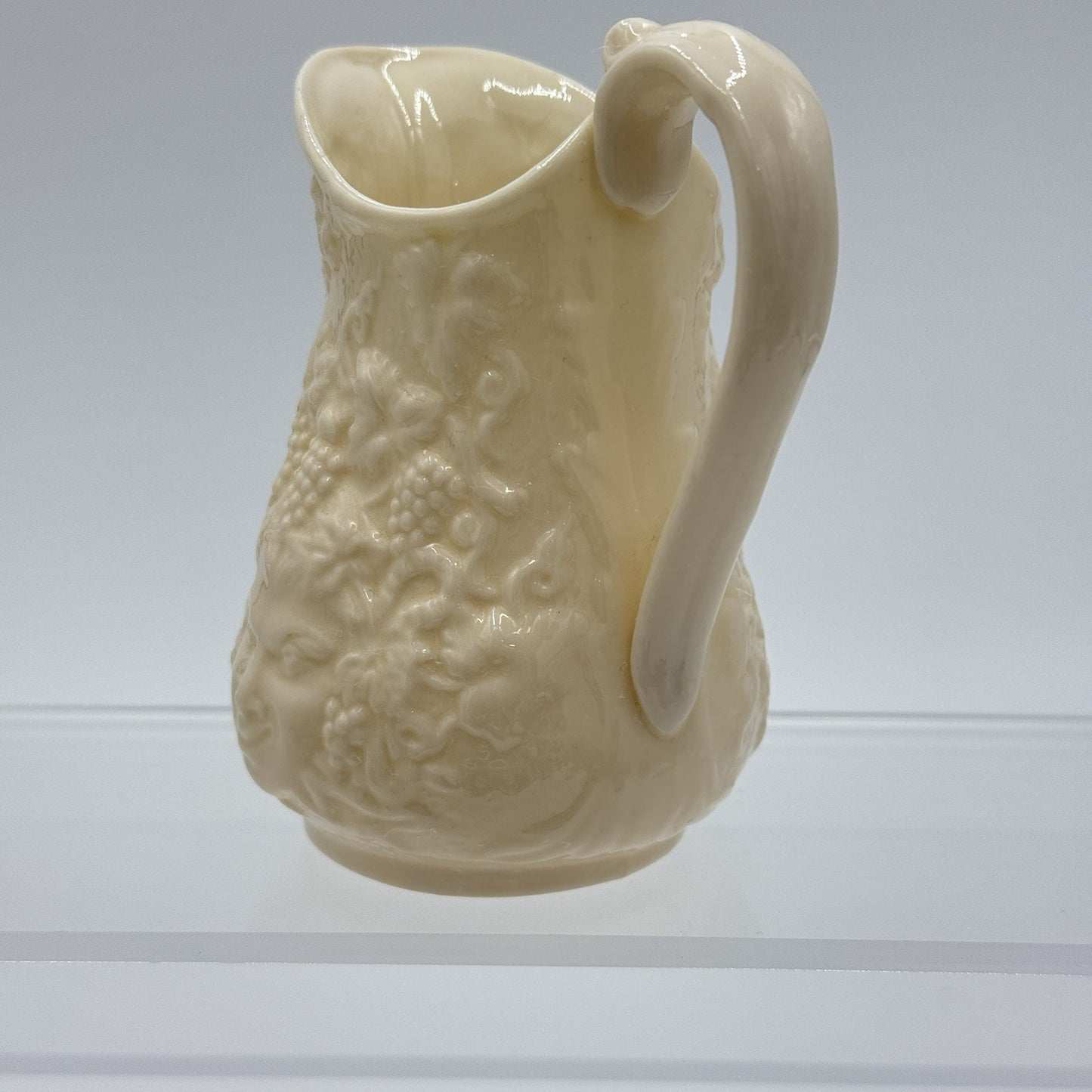 Belleek Irish Porcelain Bacchus Mask Grapes Embossed 4” Pitcher