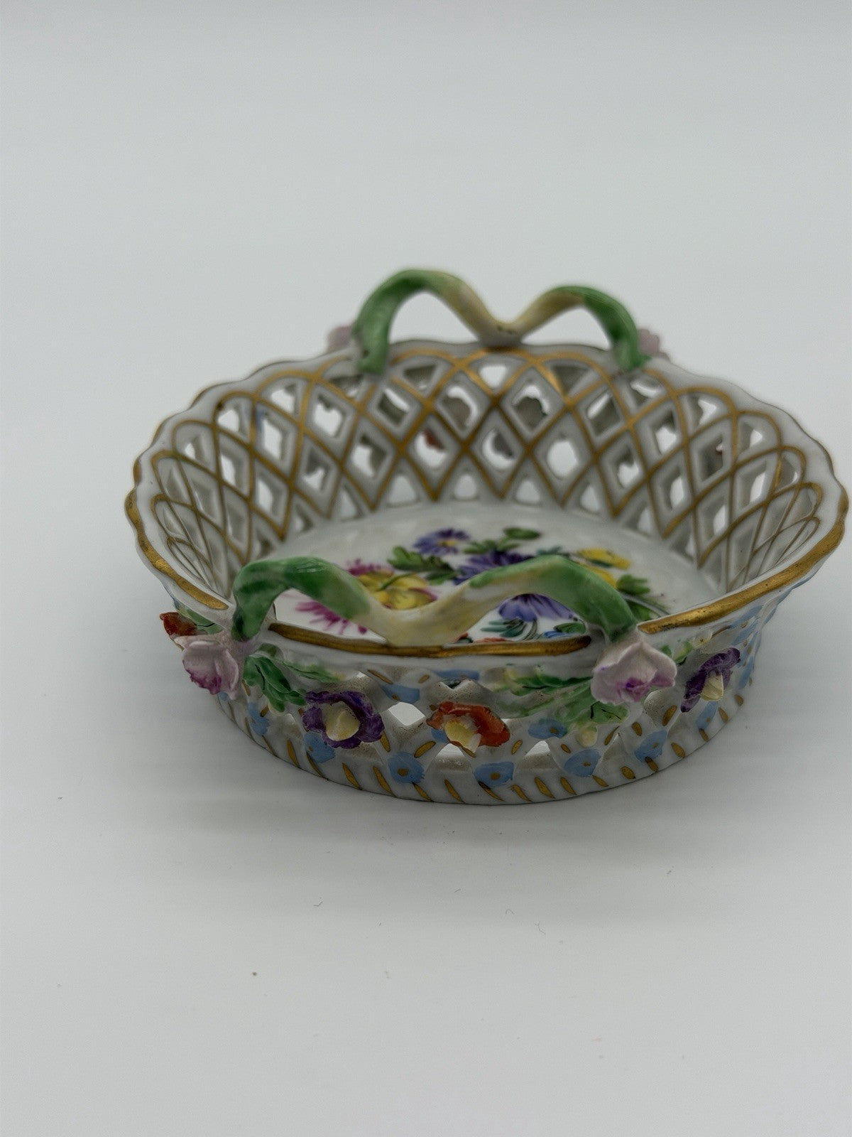 Antique Dresden Carl Thieme Pierced Reticulated Porcelain Floral Basket Dish Min