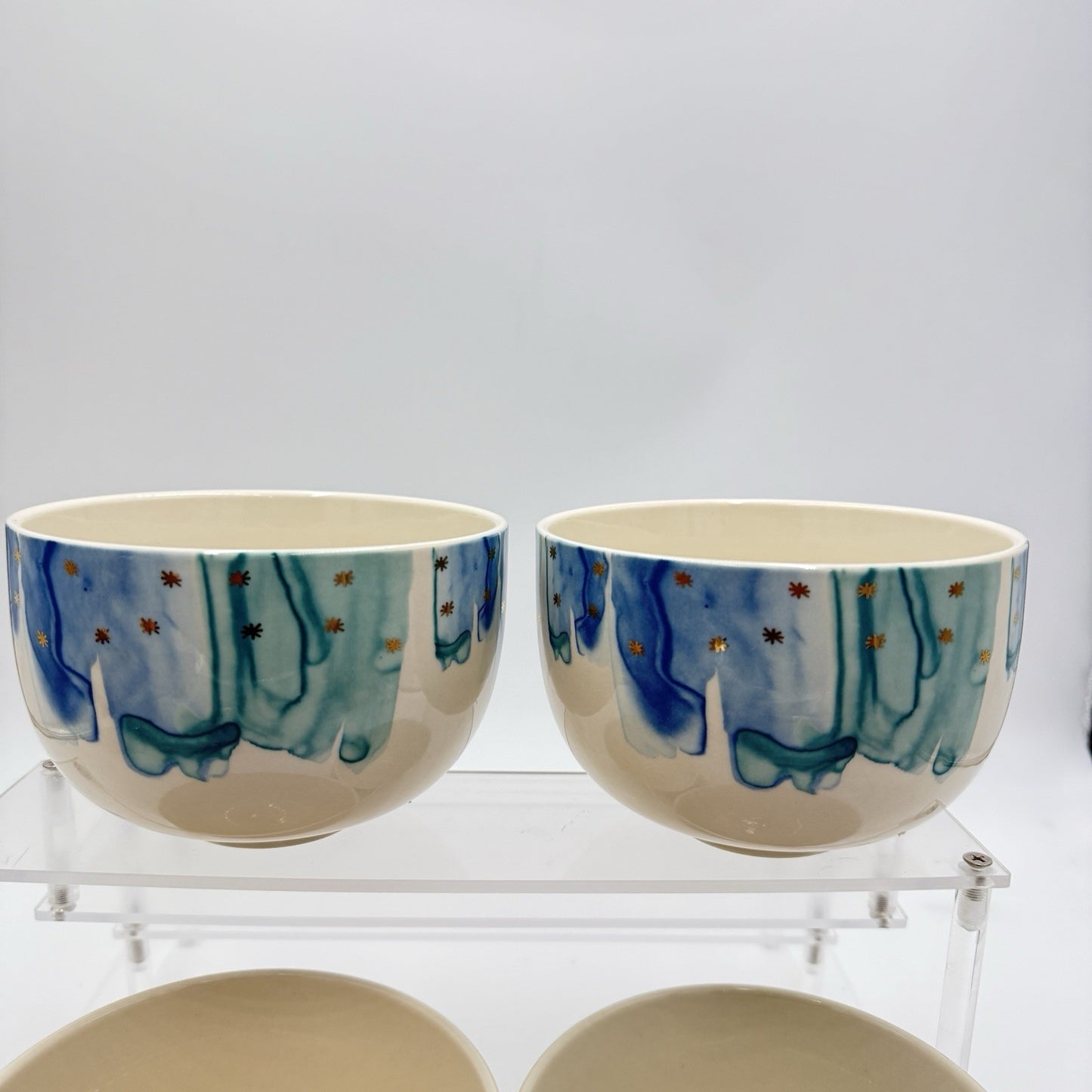 Anthropologie Night Sky Bowl Stoneware Blue Teal Drip Watercolor Gold Star Set 4