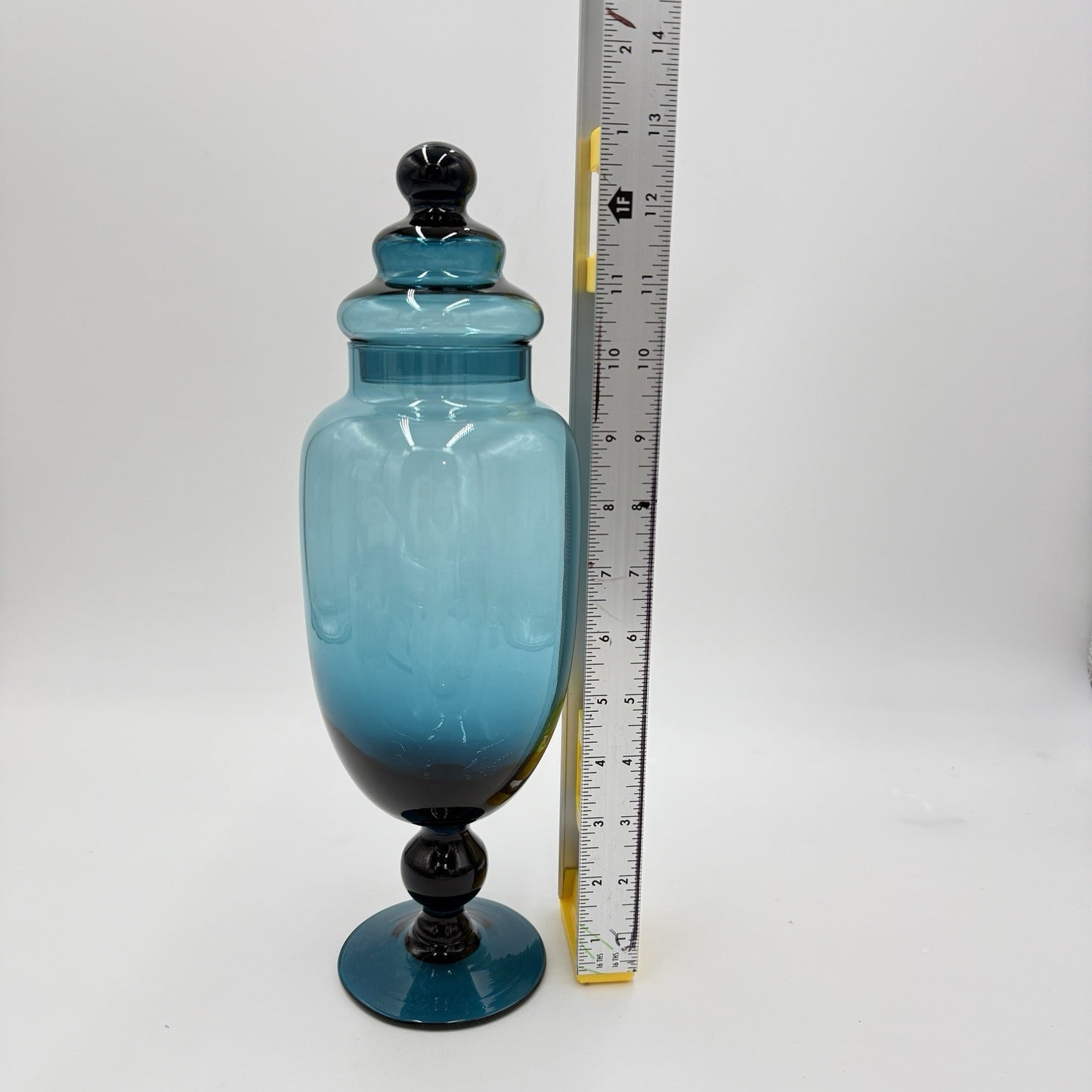 Rare Empoli Teal Italy MCM Blue Footed Apothecary Jar Lidded Vase 13” Art Glass