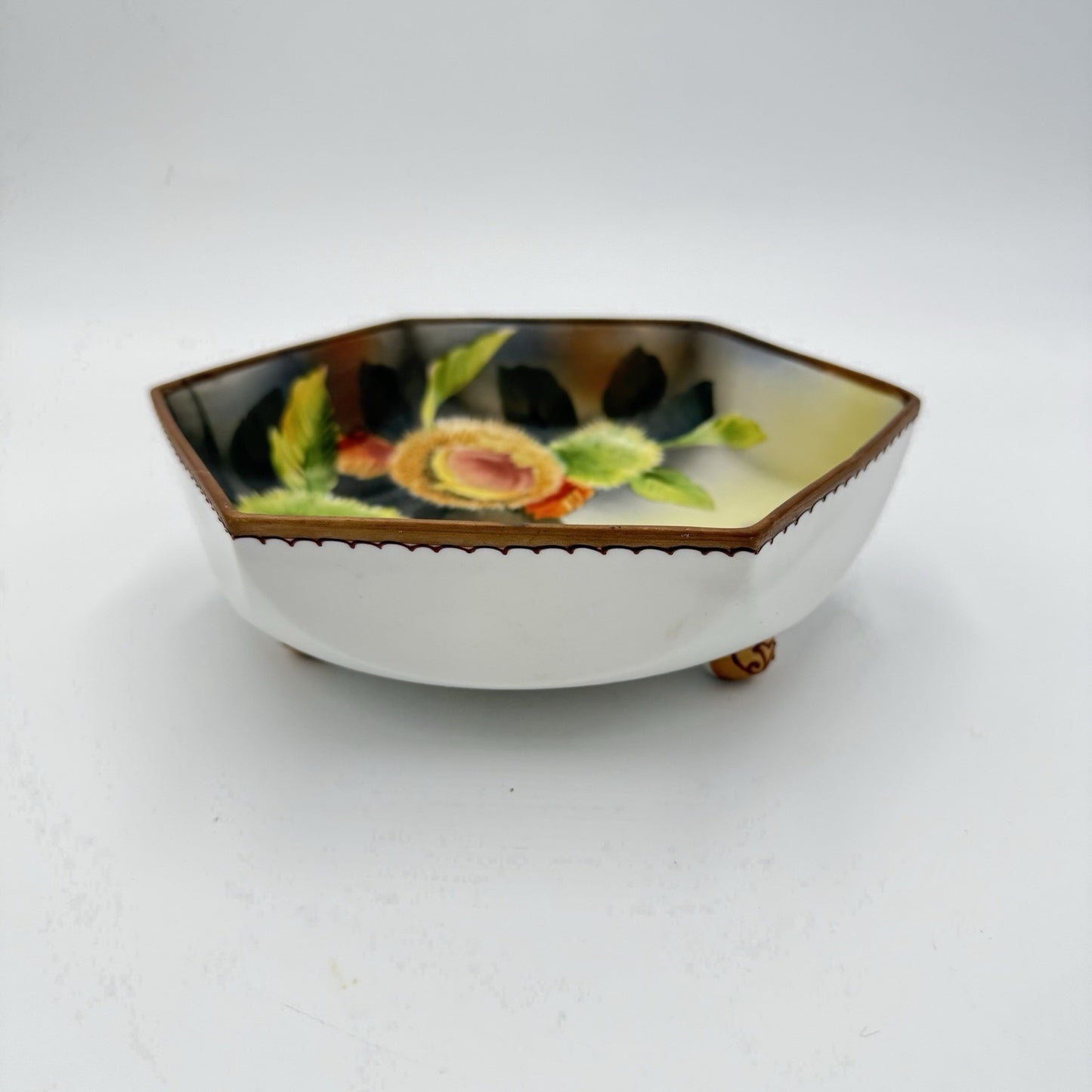 Antique Nippon Morimura Hand Painted Chestnuts Bowl Circa 1911-1922 Hexagonal
