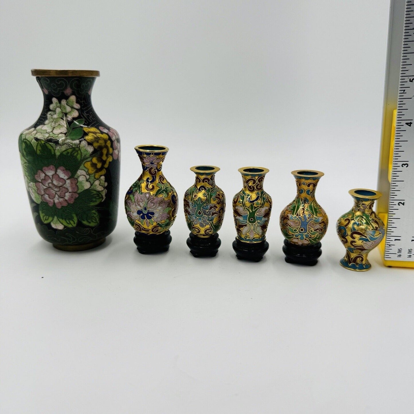 Vintage Cloisonné Enamel Mini Vases Set 6 Pieces Floral