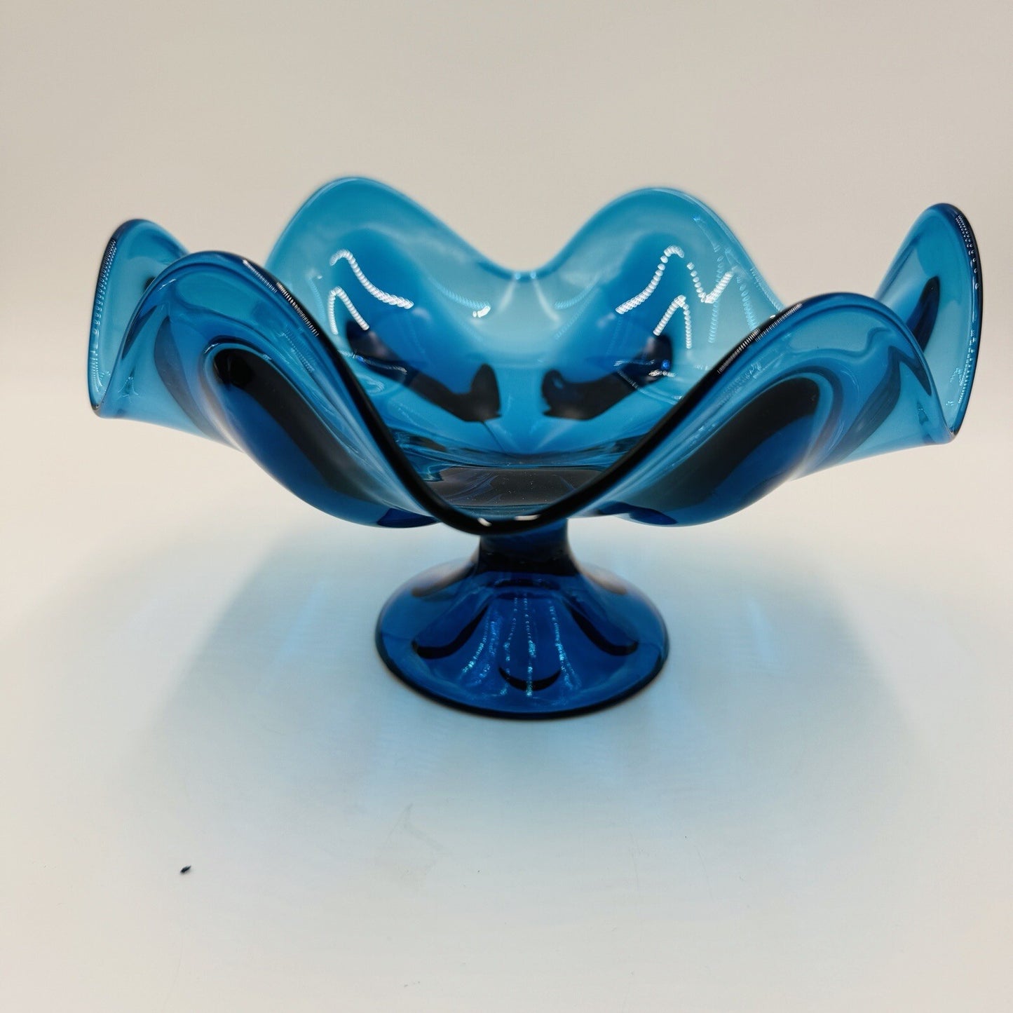 Viking Art Glass Teal Aqua Blue Pedestal Dish Compote Bowl Vintage Mid Century