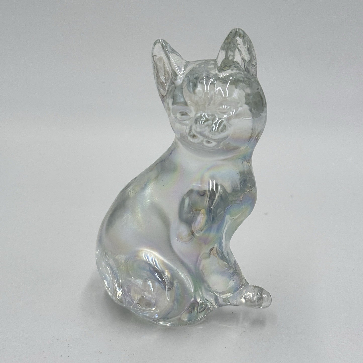 Fenton Carnival Glass IRIDESCENT /clear CAT Sitting Kitten PAPERWEIGHT Figurine