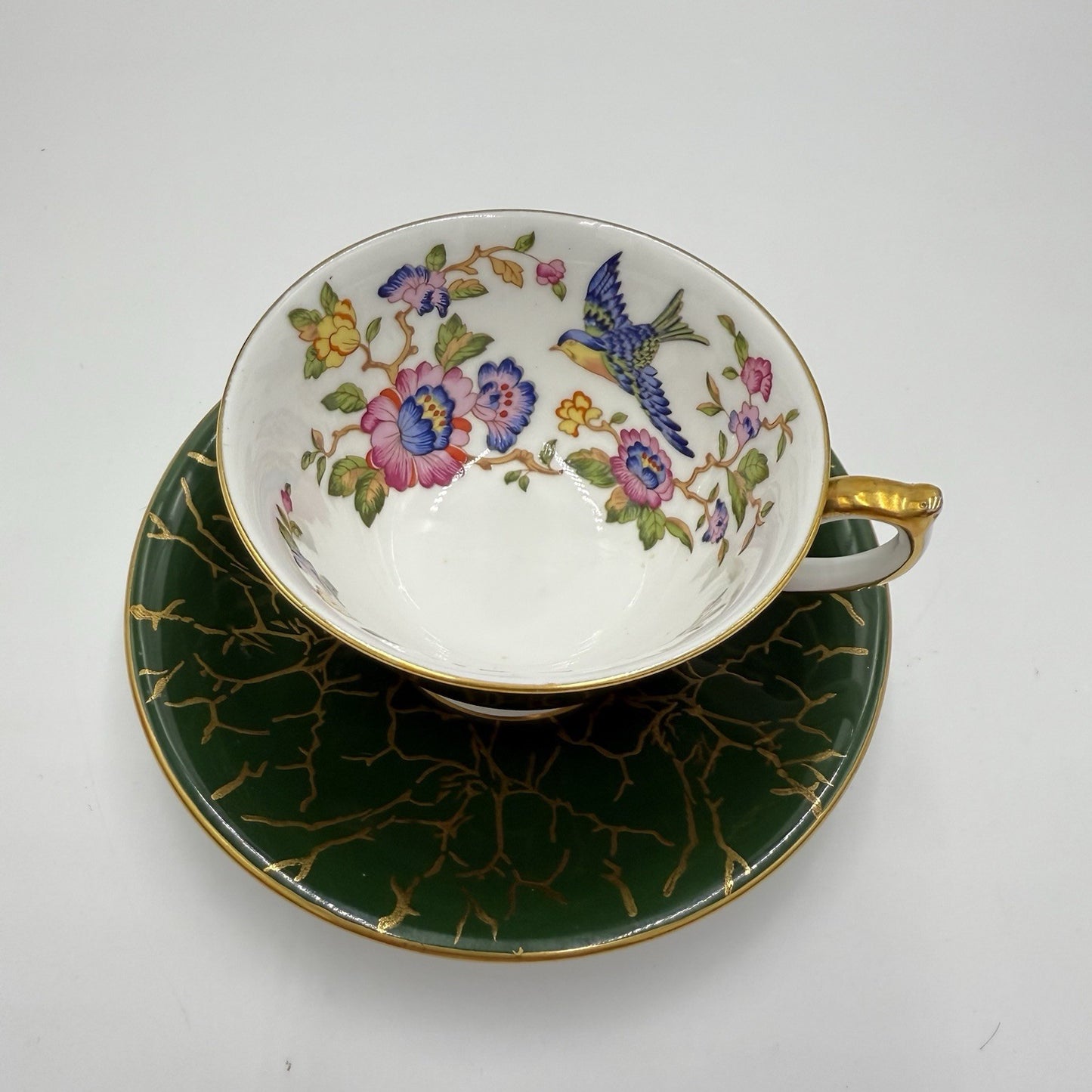 Aynsley Bone China Pembroke Pattern English Dark Green Floral Bird Crackle-like