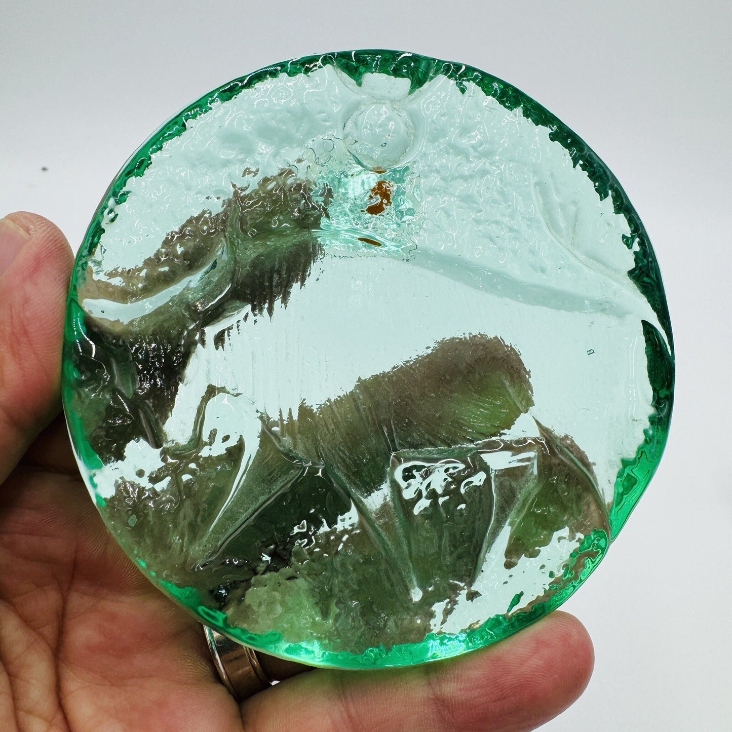 Blenko Art Glass Green Zodiac Taurus Green Paperweight Original Sticker