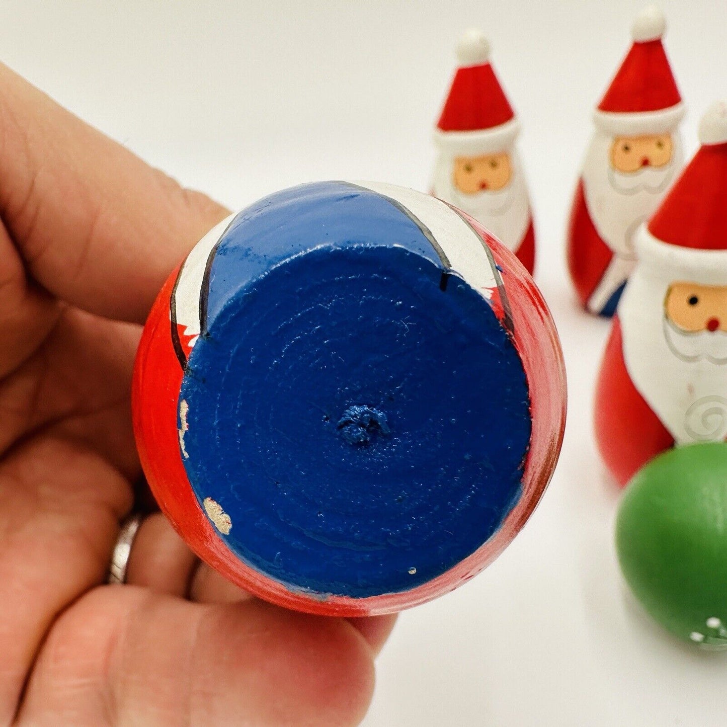 Bowling Pins Ball Santa Claus Wooden Christmas Decor Vintage Hand Painted Set