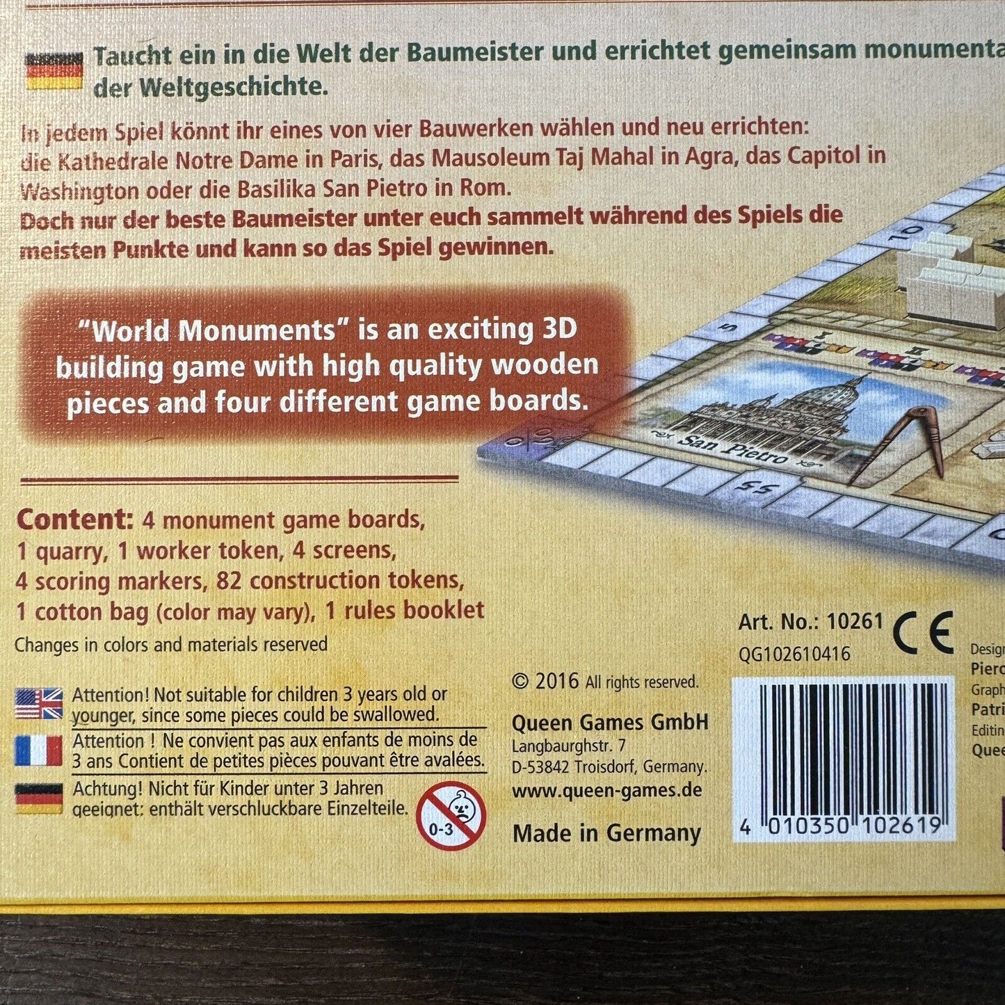 Queen Games World Monuments Piero Cioni 2016 Big Wooden Piece 2-4 Players Fun