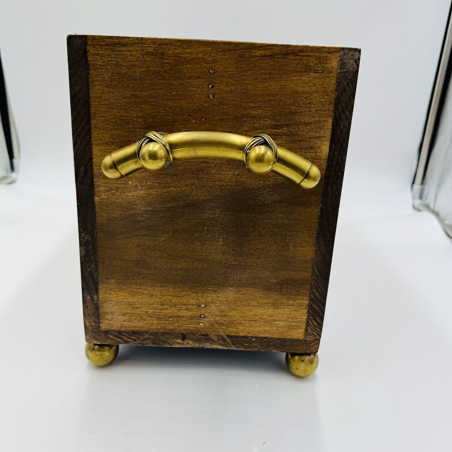 Magazine Holder Brass Handles Vintage Solid Wood Hollywood Regency Storage Decor