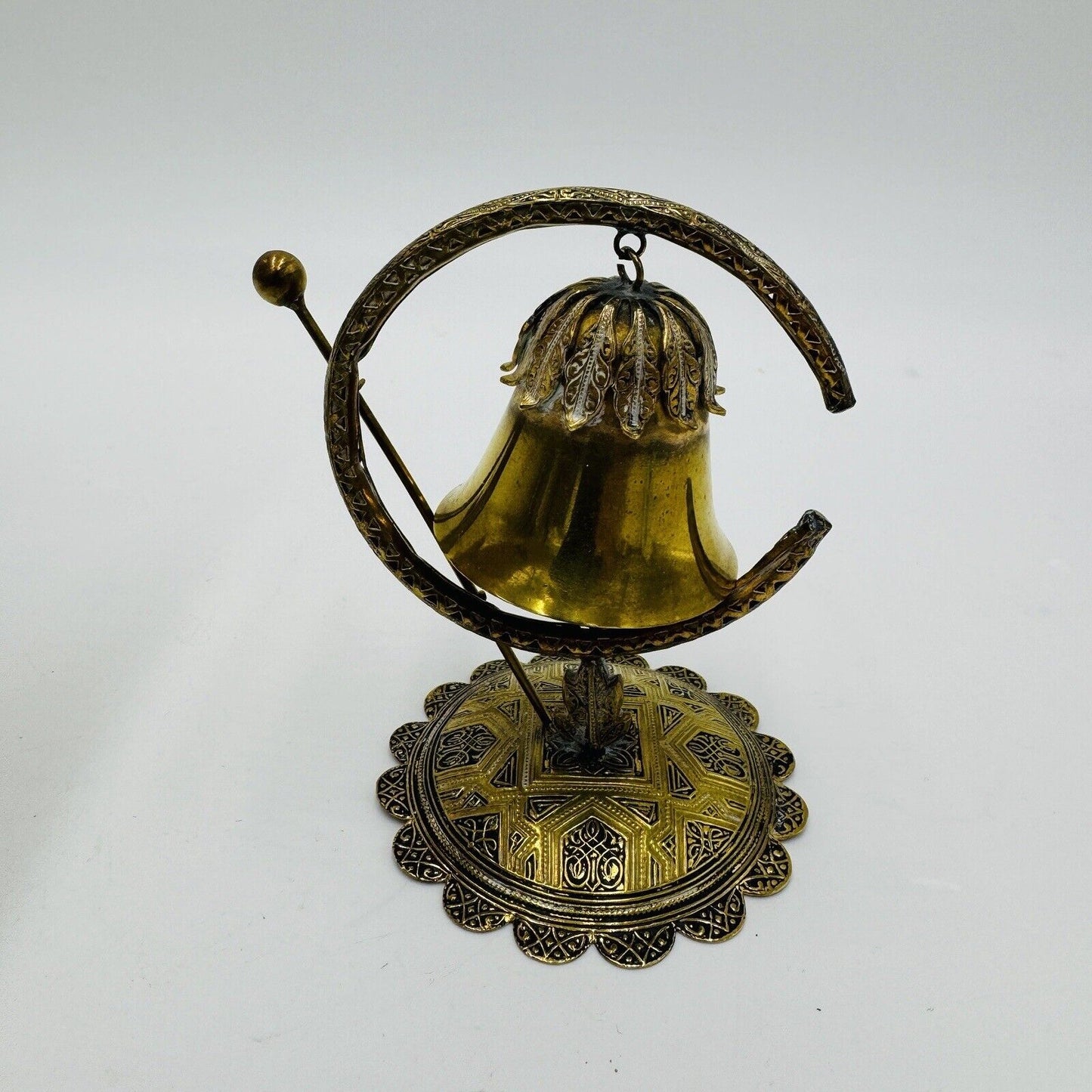 Brass Miniature Gong Ornate Bell Embossed 4in H Vintage Home Decor