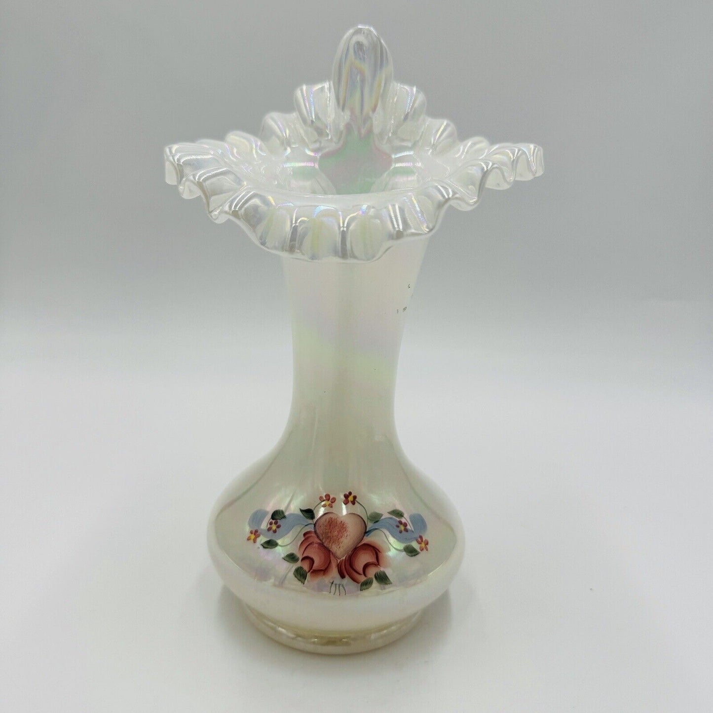 Fenton Art Glass Floral Iridescent Jack In The Pulpit Vase Handpainted Signed 9"