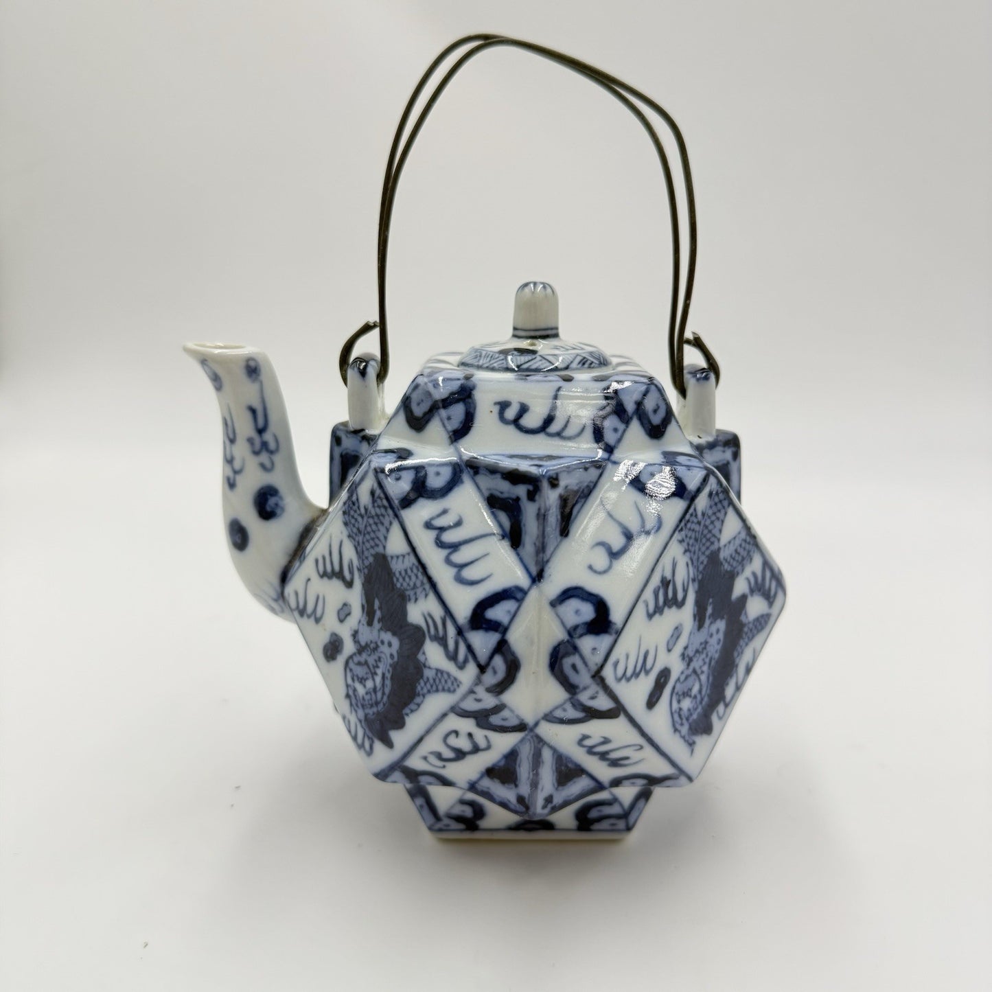 Chinese Glazed Blue And White Porcelain Teapot Painted Dragons Kangxi Mark Small