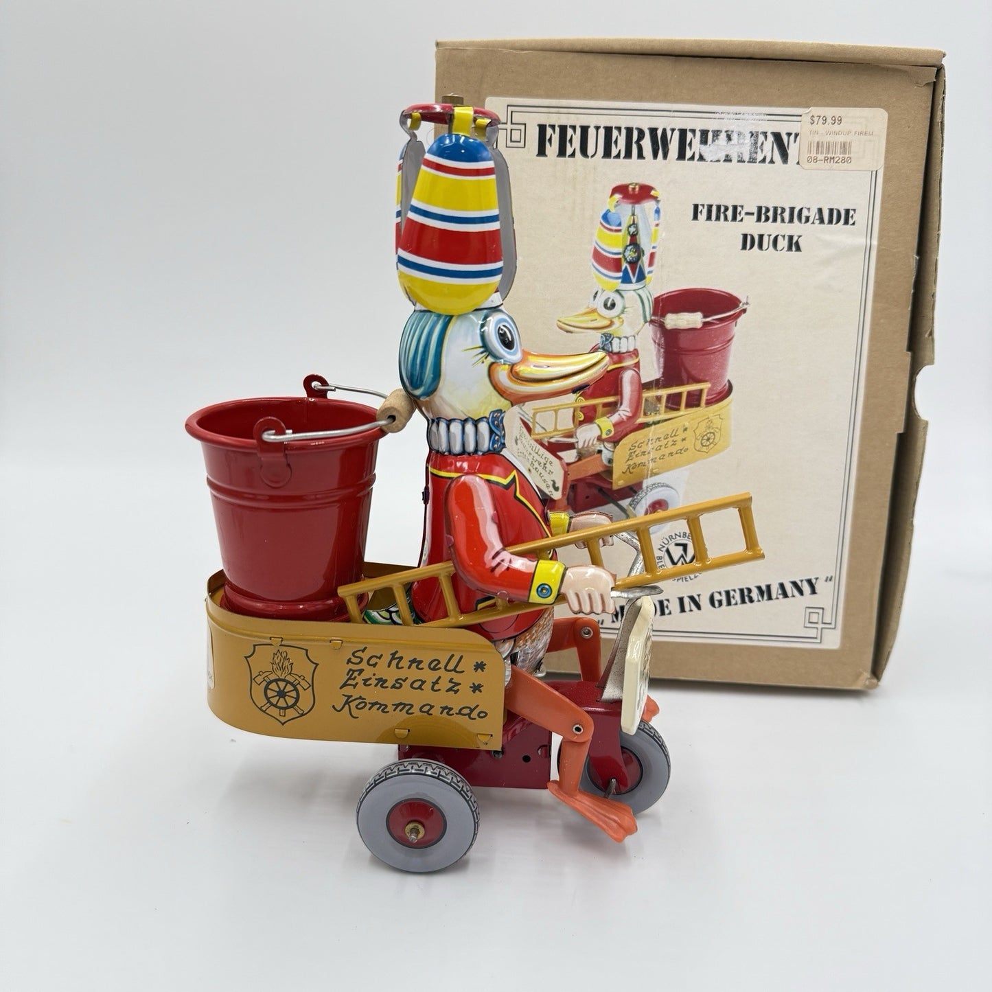 Fire Brigade Duck Tin Toy Germany Wilesco #280 Blechspielzeug Windup Works Boxed