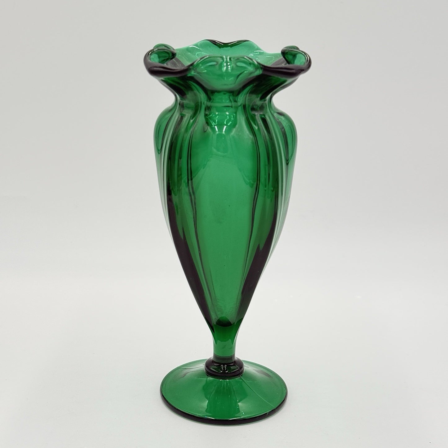 MCM Wayne Husted Stelvia emerald green art glass ruffled compote Vase 9.5”