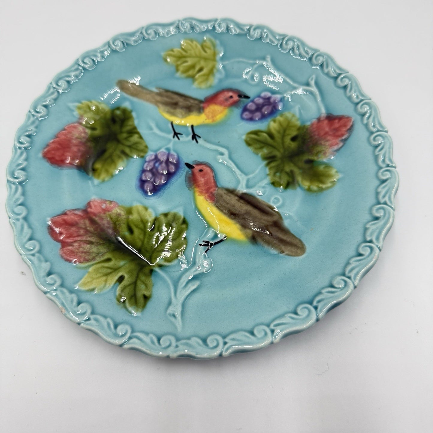 Antique 1920s Zell Germany Birds and Berries 6.5” Majolica, Turquoise Plate #230
