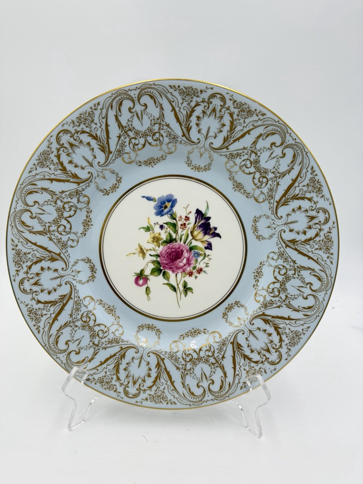 Royal Worcester England Embellished Floral Light Blue Gold Trim Dinner 10” Plate