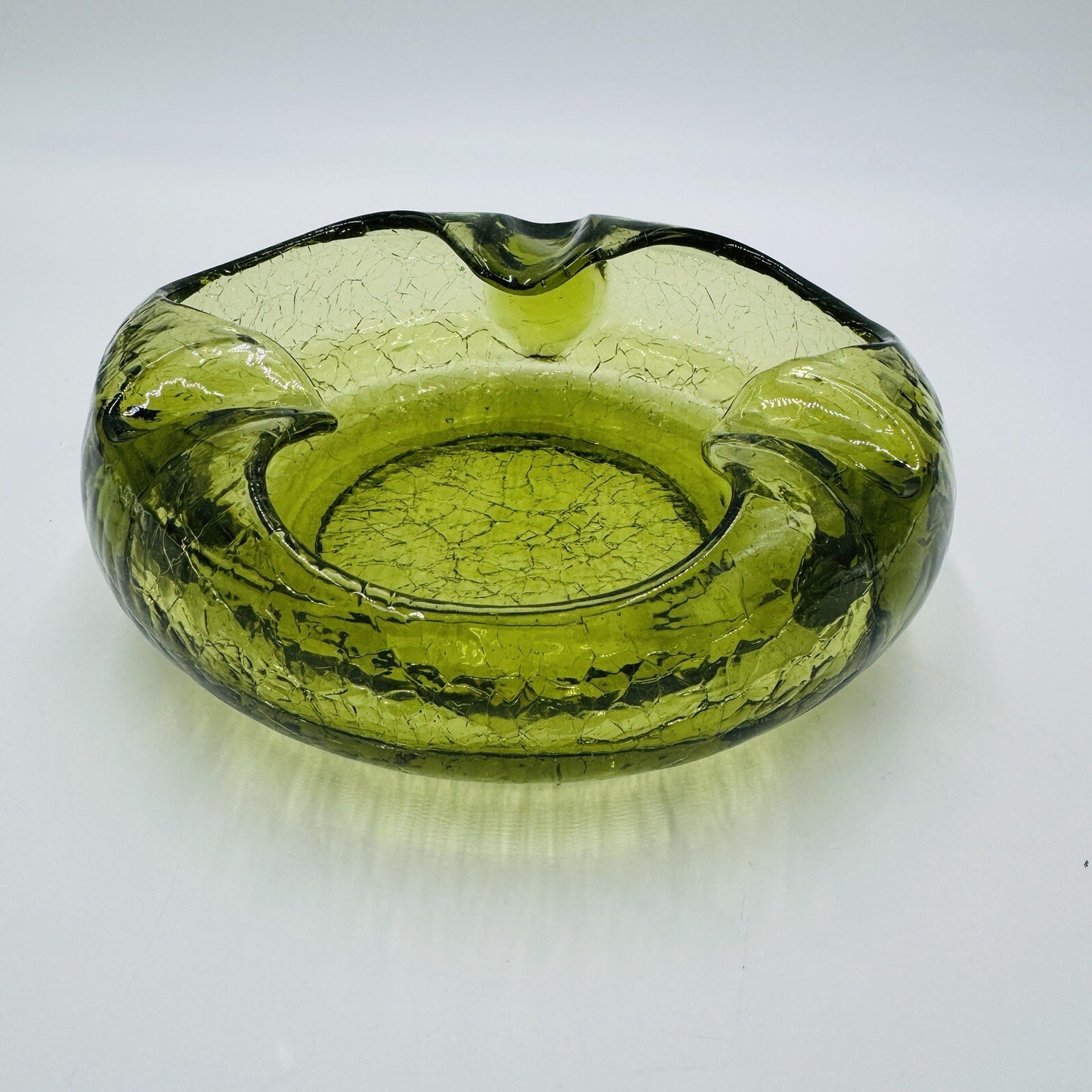 Viking Art Glass Cigar Ashtray Green Crackle MCM Vintage 7in