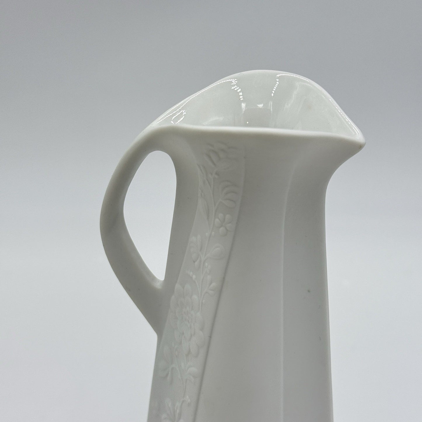 Kaiser Germany White Bisque Vase Embossed Floral Pitcher 8" By M.Fray Porcelain