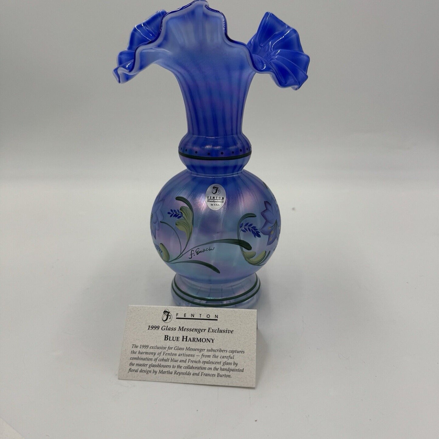 Fenton Art Glass 1999 Messenger Exclusive Blue Harmony Vase Signed Dan Fenton