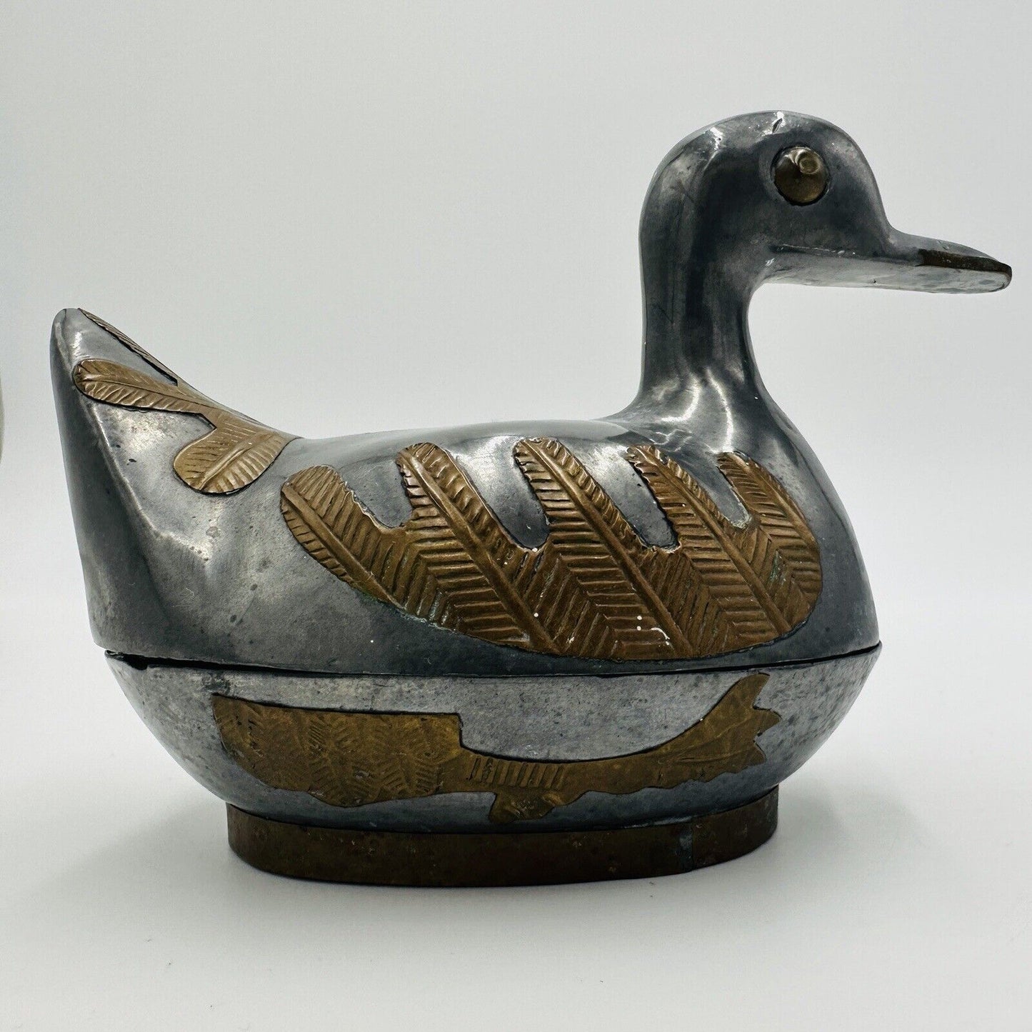 Duck Trinket Jewelry Box Pewter Brass Metal Hand Crafted Vintage 1960s MCM